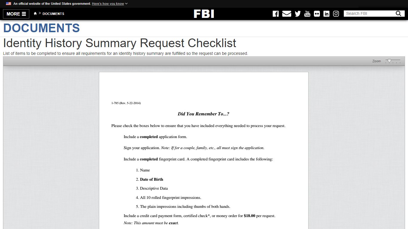 Identity History Summary Request Checklist — FBI