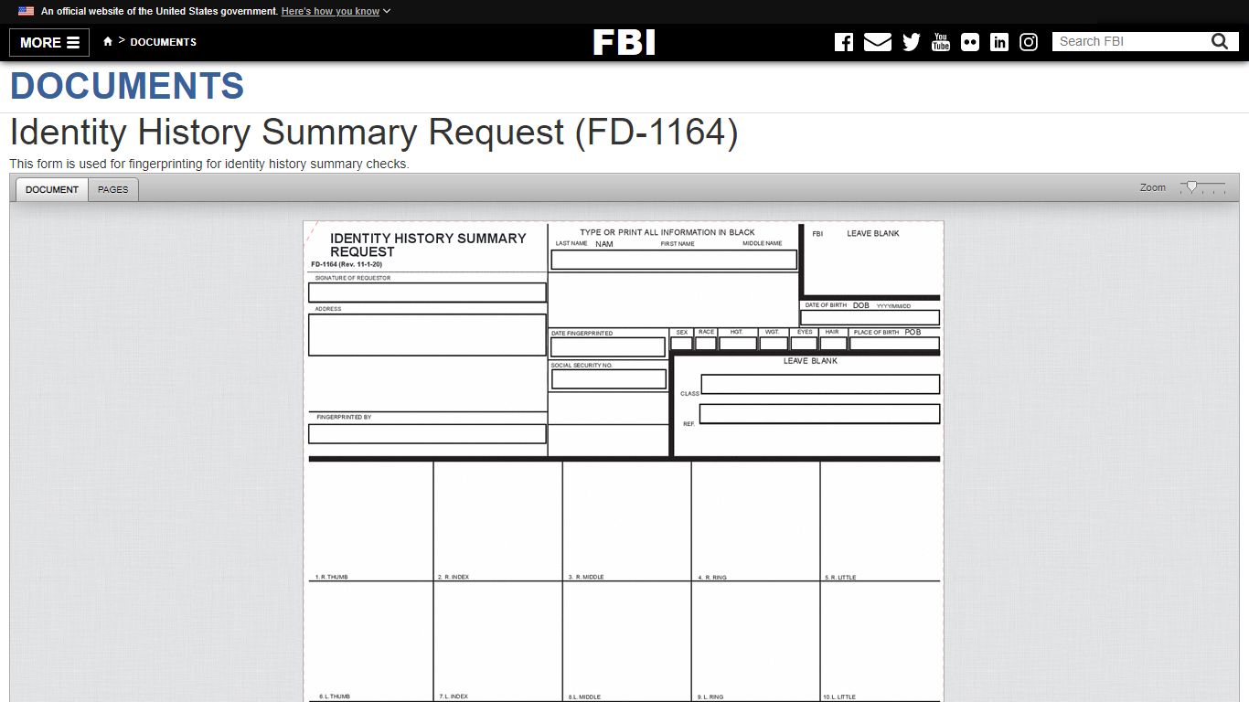 Identity History Summary Request (FD-1164) — FBI