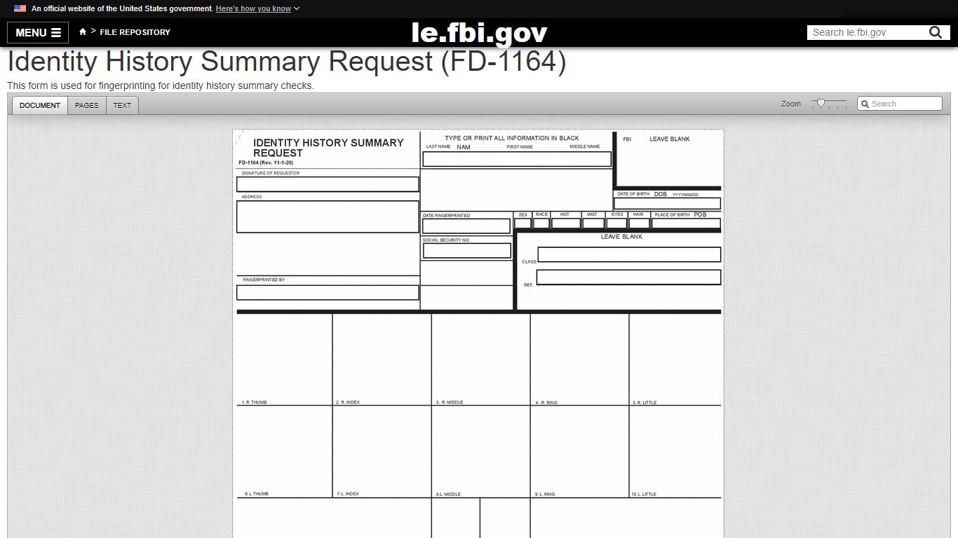 Identity History Summary Request (FD-1164) — LE